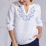 Leinenbluse mit Stickerei und 3/4 Arm - 11/weiß