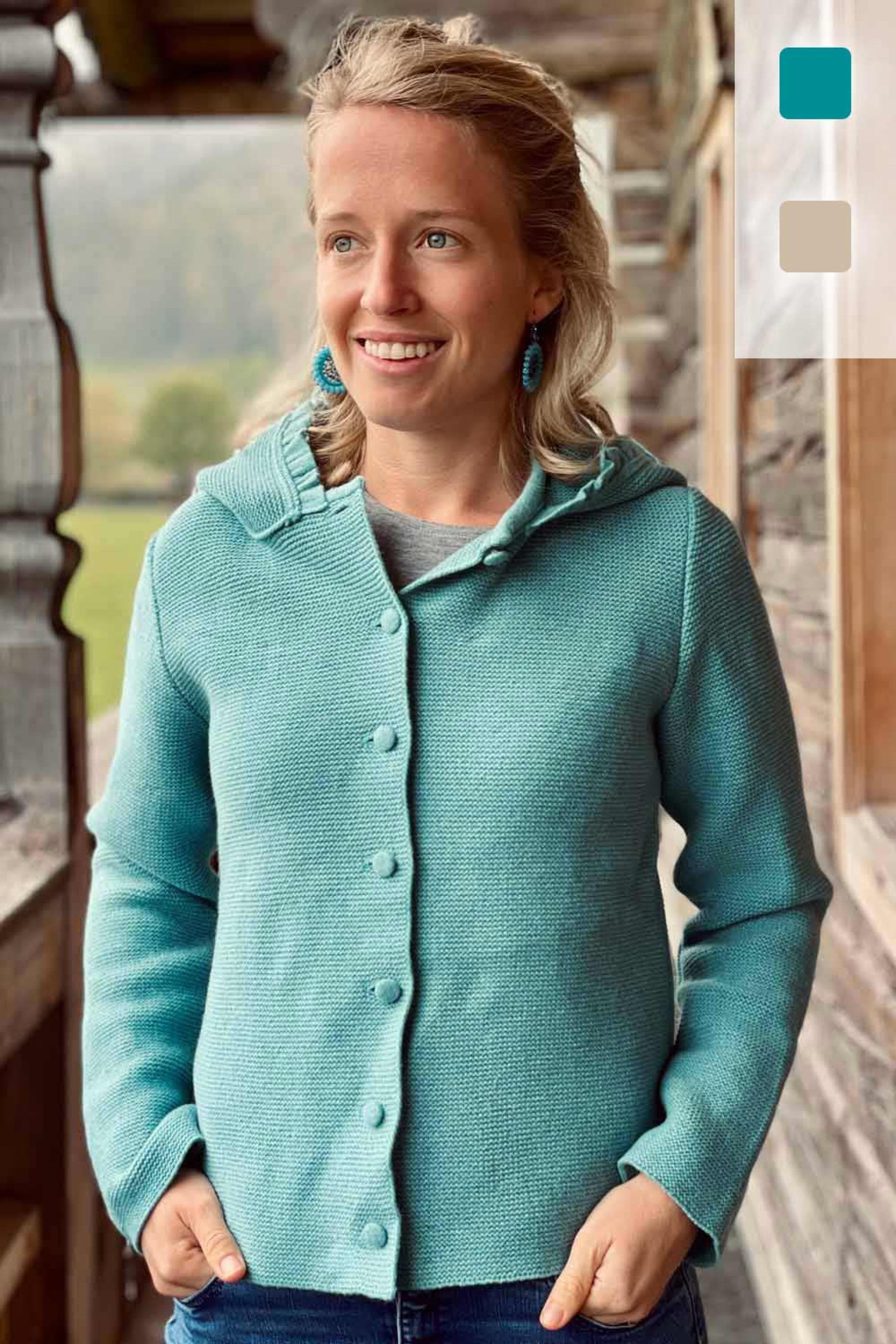 Damen-Kapuzenstrickjacke mit Kellerfa - 40987/aqua