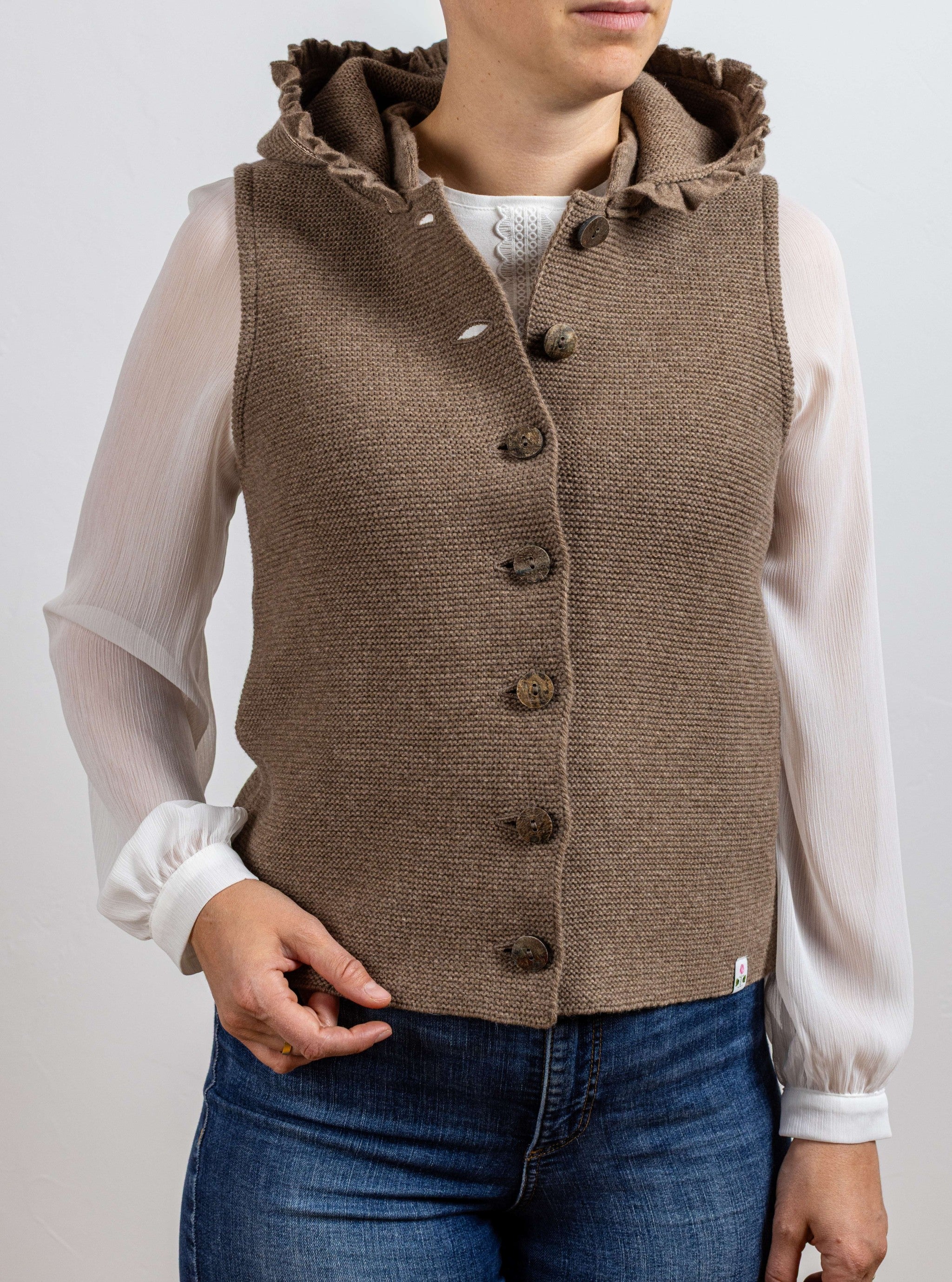 Damen Kapuzenstrickweste mit Borte