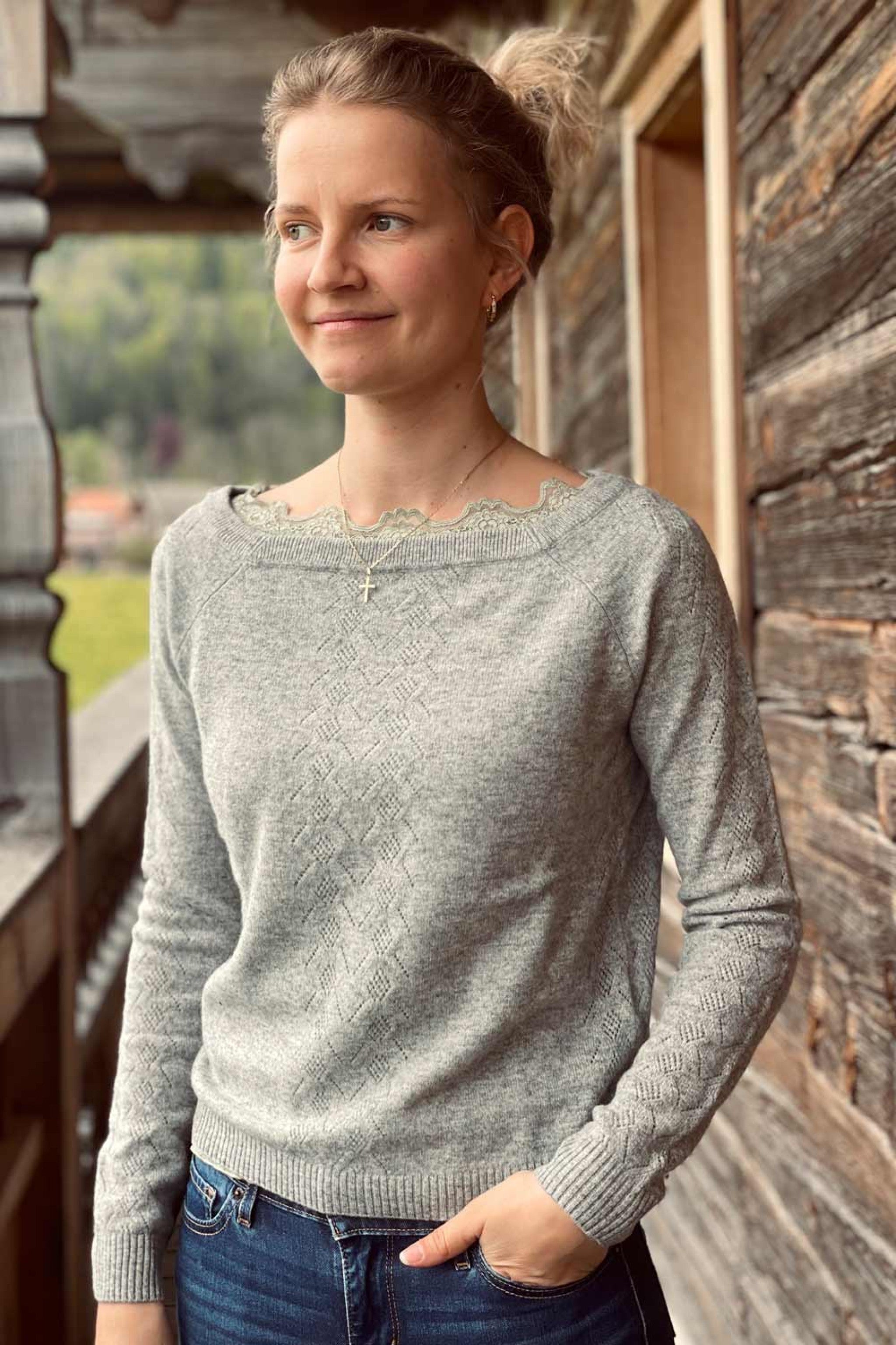Pullover weiter Kragen - 008/light grey melange